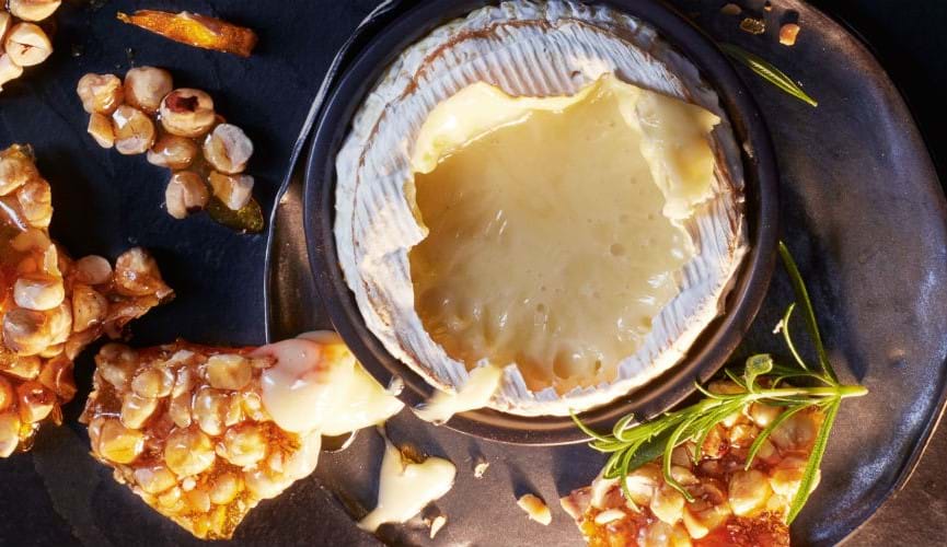 Oozy camembert with nut brittle