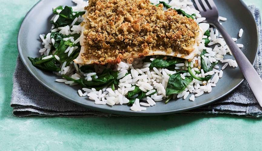 Pesto crumbed fish with spinach rice