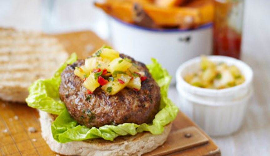 Skinny Thai Burgers with Sweet Potato Chips & Pineapple Salsa