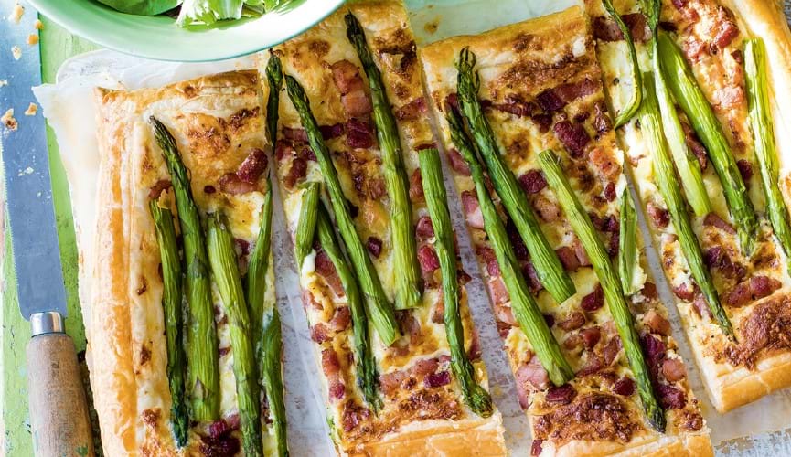 Asparagus, cheddar and bacon tart