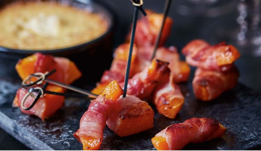Bacon-wrapped squash with cheddar bake