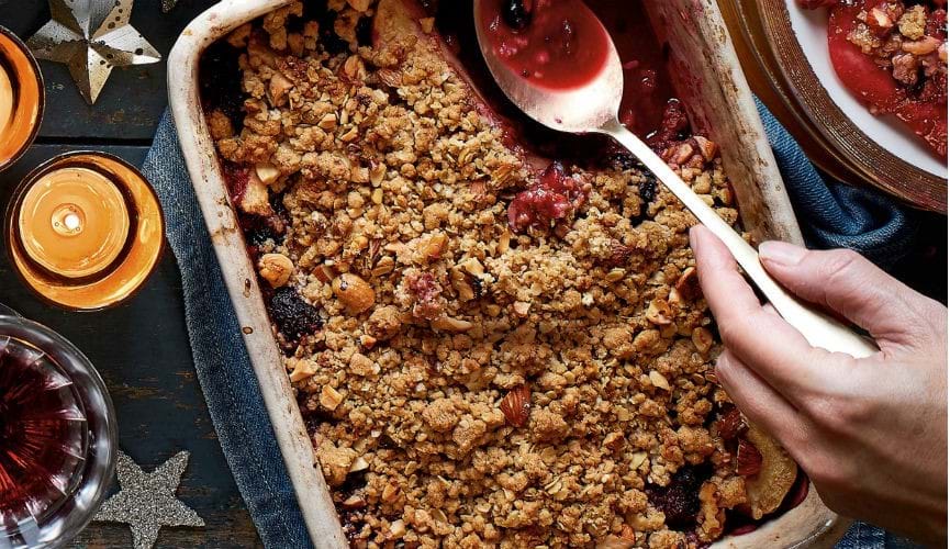 Crumble with blackberry and sloe gin ice cream