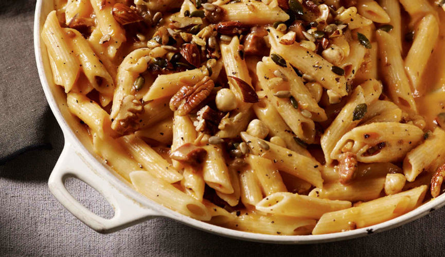 Roasted squash and chilli chorizo pasta