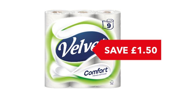 SAVE £1.50 | Velvet Comfort Toilet Tissue white 9 roll