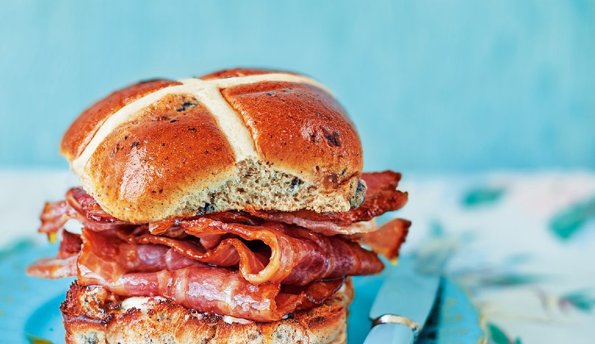 Sticky bacon hot cross buns
