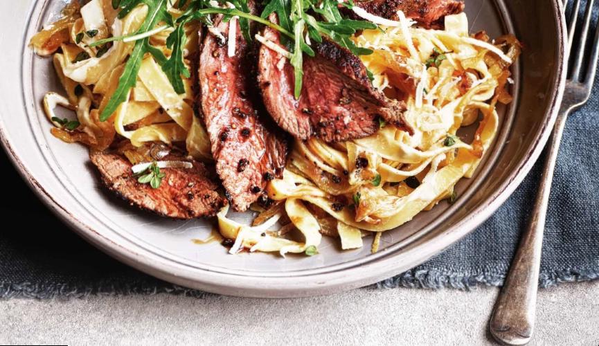 Steak and caramelised onion tagliatelle