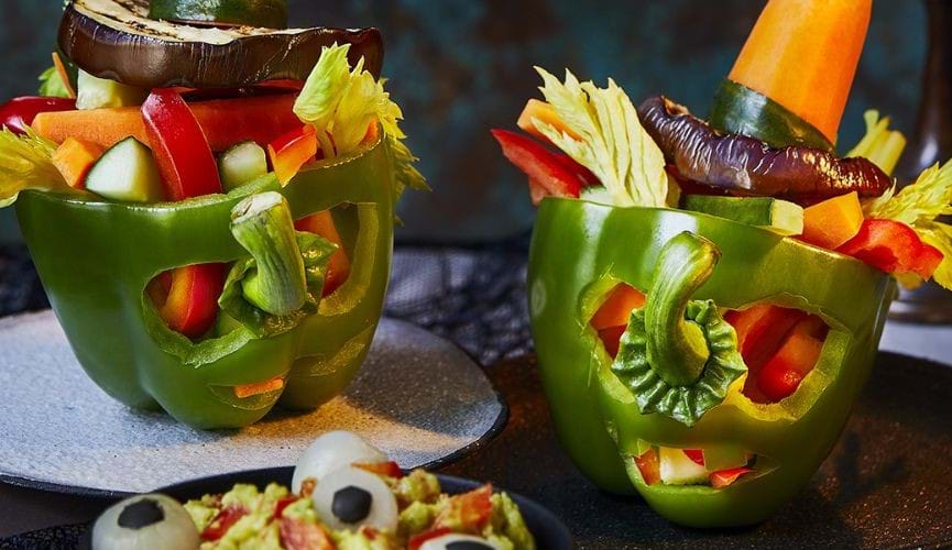 Witchy pepper crudités with eye-catching guacamole