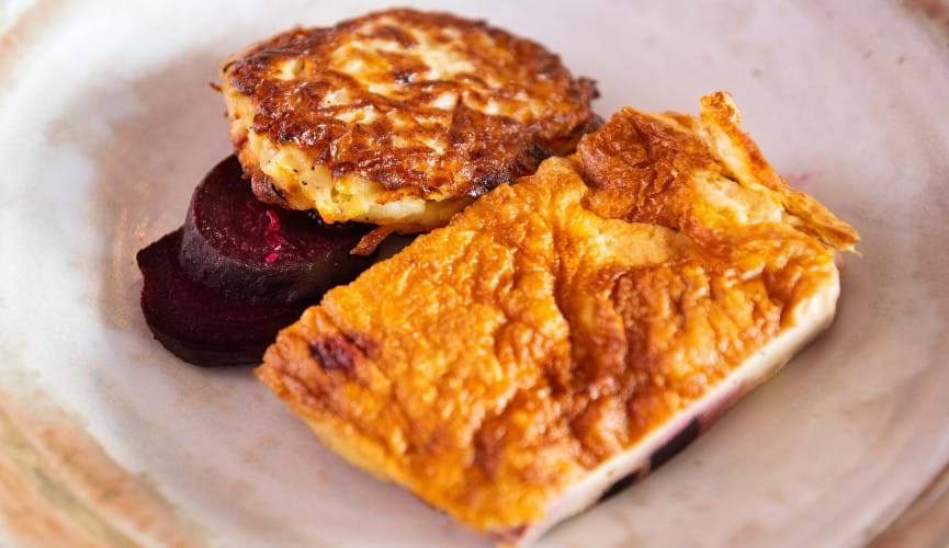 Stephen MacNiven's Baked egg, beetroot and mozzarella frittata served with potato rosti