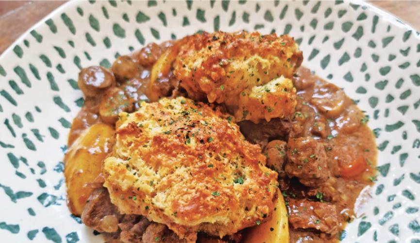 Beef casserole with root vegetables and Winter blue cheese dumplings