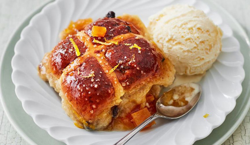 Hot cross bread and butter pudding