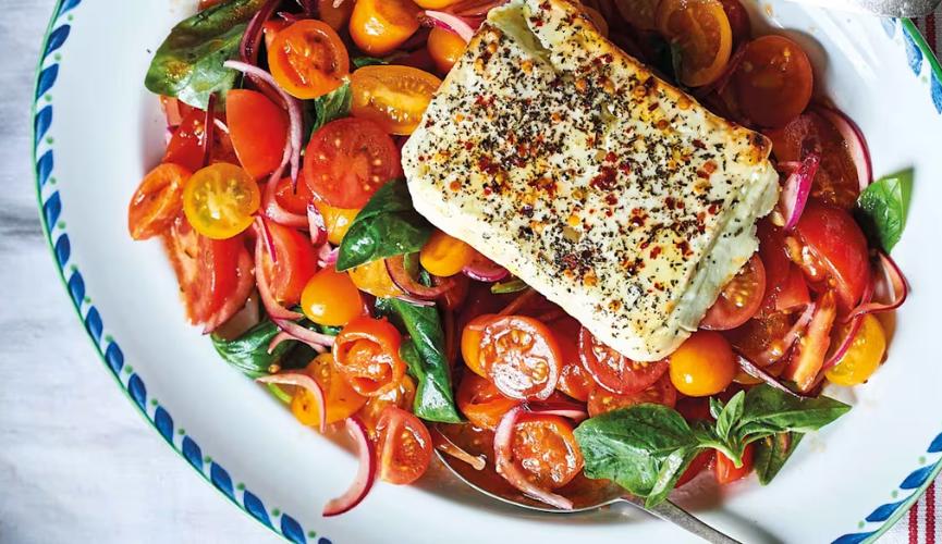 Marinated tomato salad with baked Feta and mint